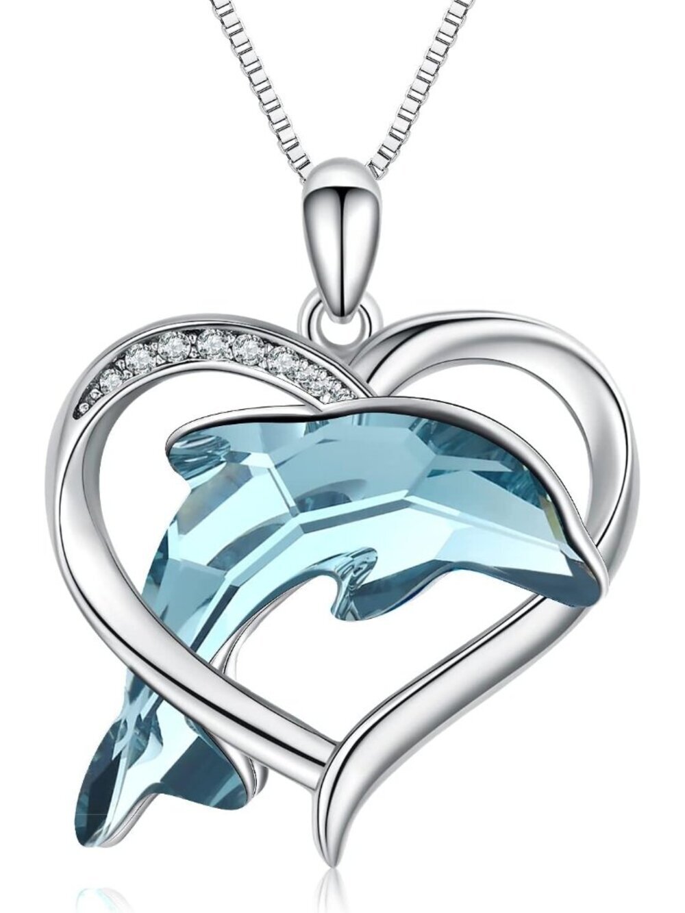 Women Blue Sterling Silver Heart Dolphin Pendant  Beach Themed Crystal Necklace